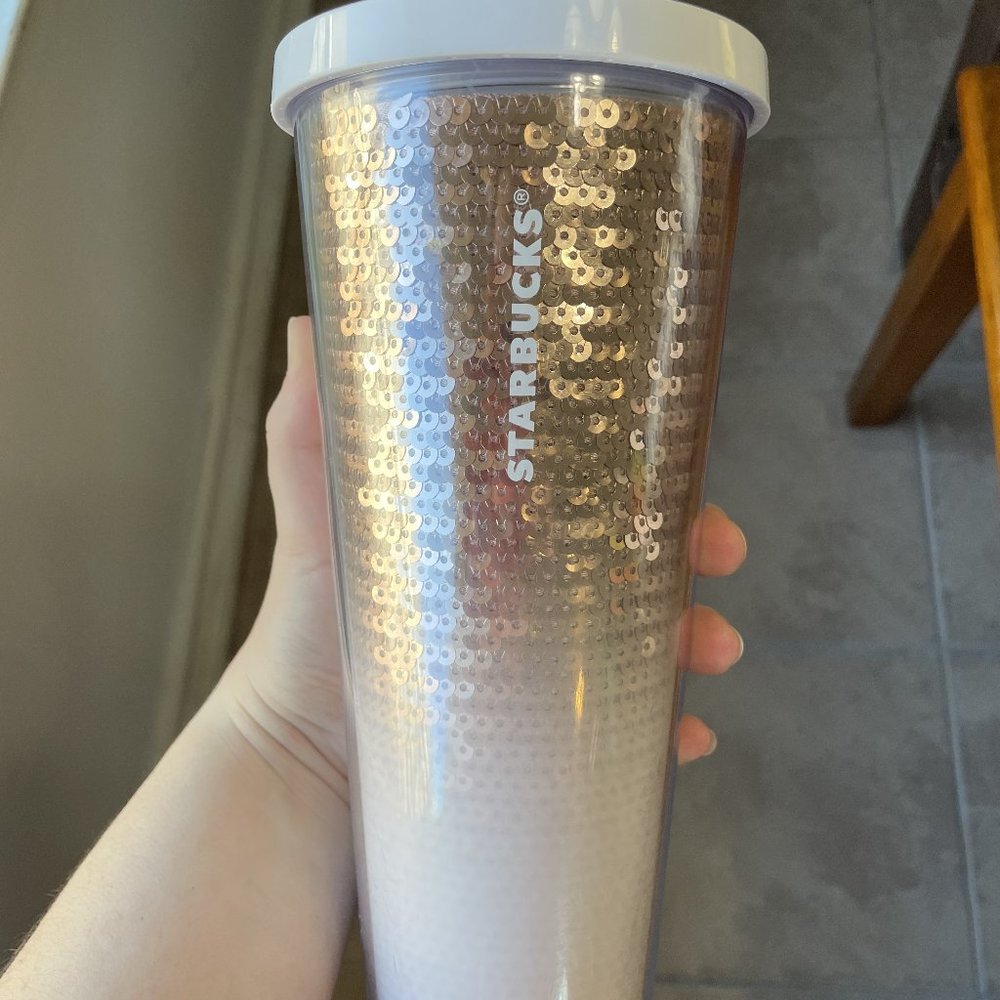 Starbucks 24 OZ Sparkly Sequence Gold & White Reusable Cup